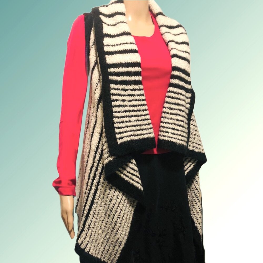 A.N.A  White Black Stripes Oversized Collar Open Draped Front Vest  Sz XS -M